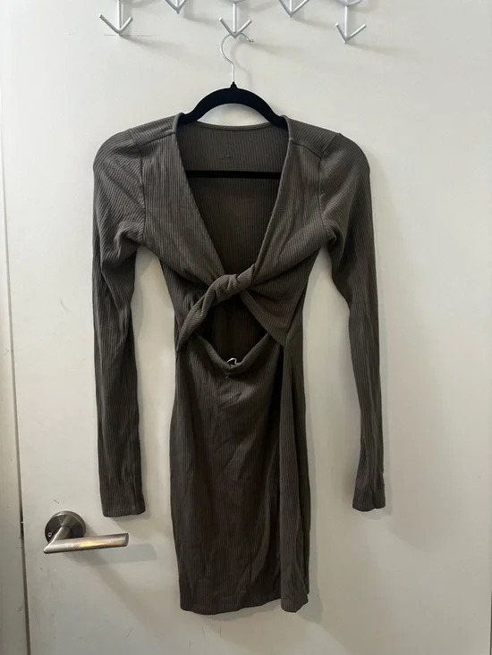 OAK + FORT Ribbed Long-Sleeve Bodycon Dress in Taupe - Picture 2 of 3